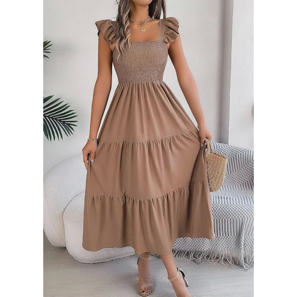 Square Neck Sleeveless Midi Tiered Dress – Beige / Brown, Size Small - Picture 2 of 4